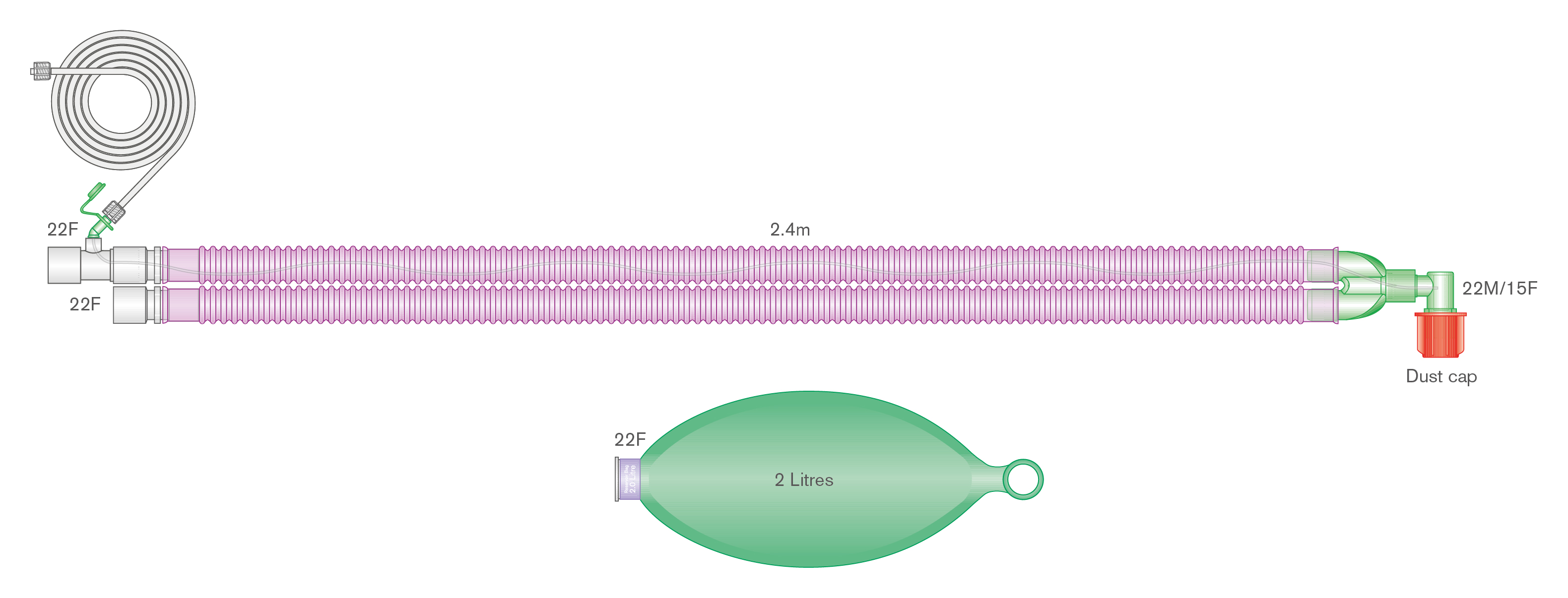 Circuito per ventilazione Flextube™ da 22mm antimicrobico Silver Knight™ con pallone 2L e  linea di monitoraggio integrata, ≥ 2.4m 