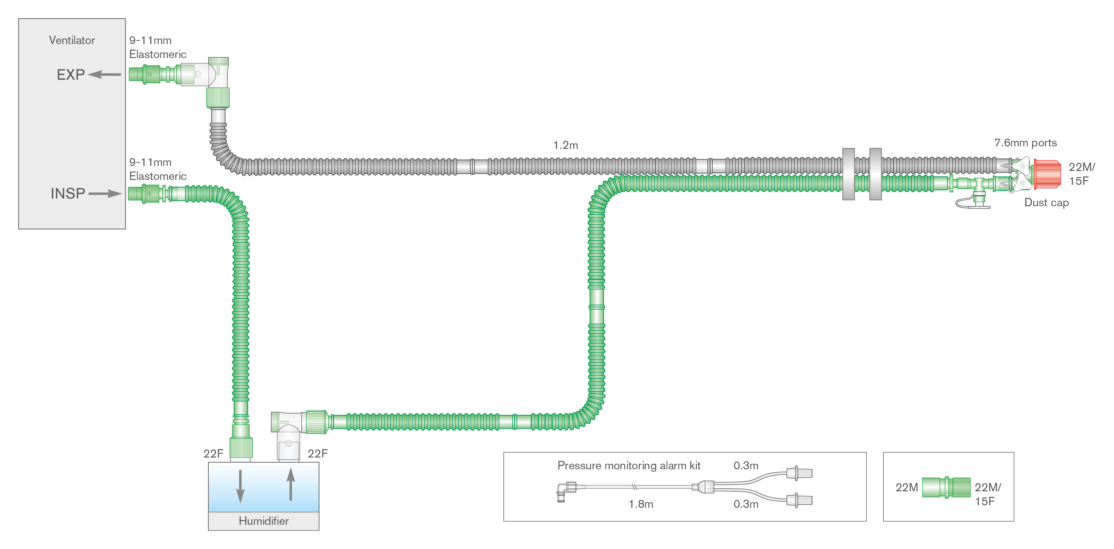 Circuito per ventilazione Flextube da 15mm a doppia linea riscaldata, linea di monitoraggio, spezzone ≥ 1.2m