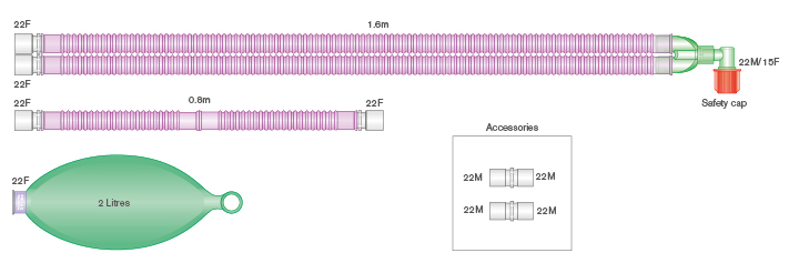 Circuito per ventilazione Flextube con additivo anti-microbico Silver Knight™, pallone da 2 litri, spezzone 0.8m, ≥ 1.6m 