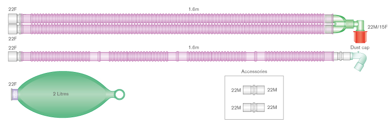 Circuito per ventilazione Flextube da 22mm anti-microbico Silver Knight™ per Aisys®, Avance®, Aespire® Carestations® con raccordo angolare fisso, pallone reservoir 2L, spezzone 1.6m, lungh. 1.6m