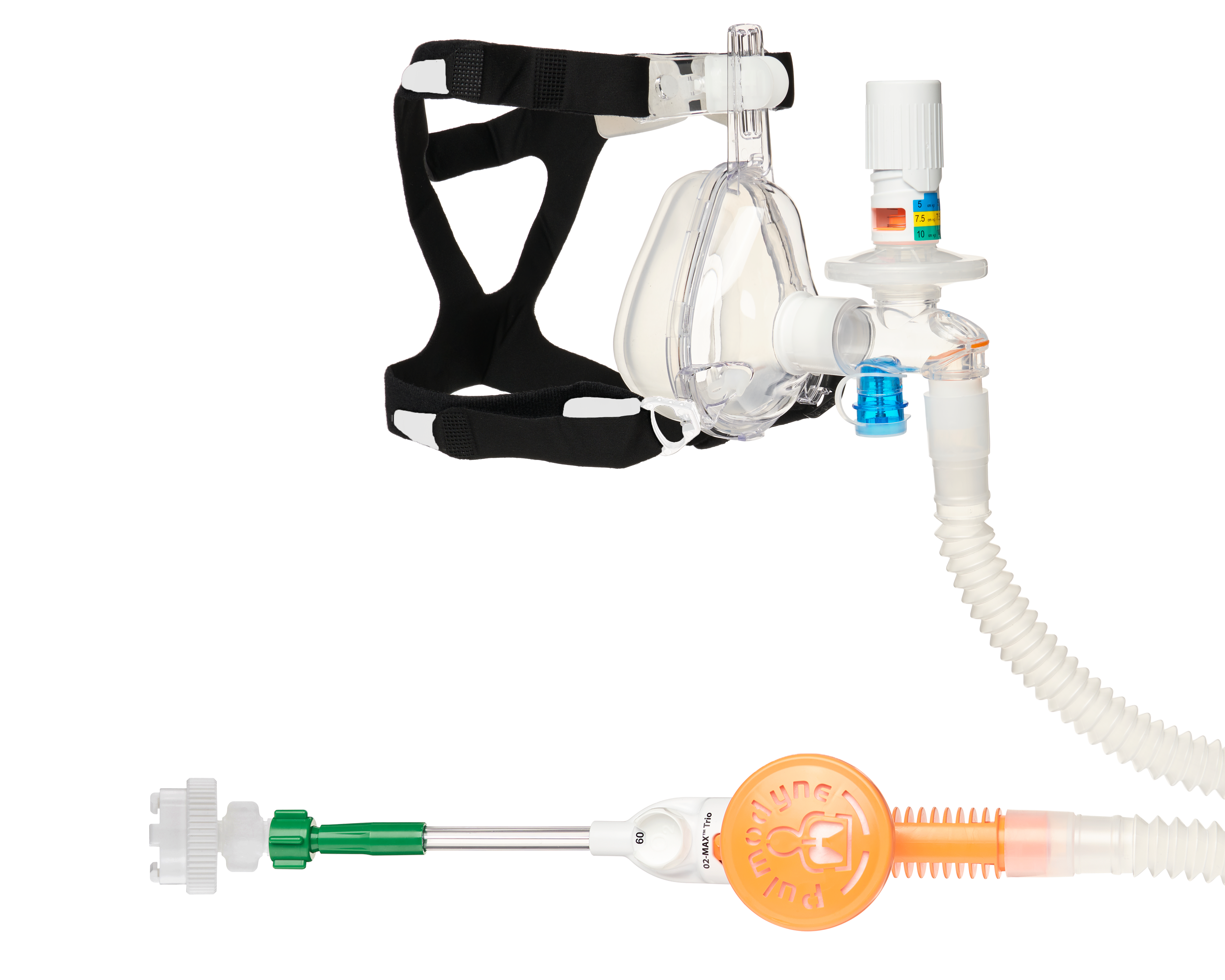 Sistema O2-MAX™ Trio con tubo estensibile, valvola PEEP regolabile 3-SET™, attacco AFNOR Quik-Connect™ e maschera oronasale Adulto Medium