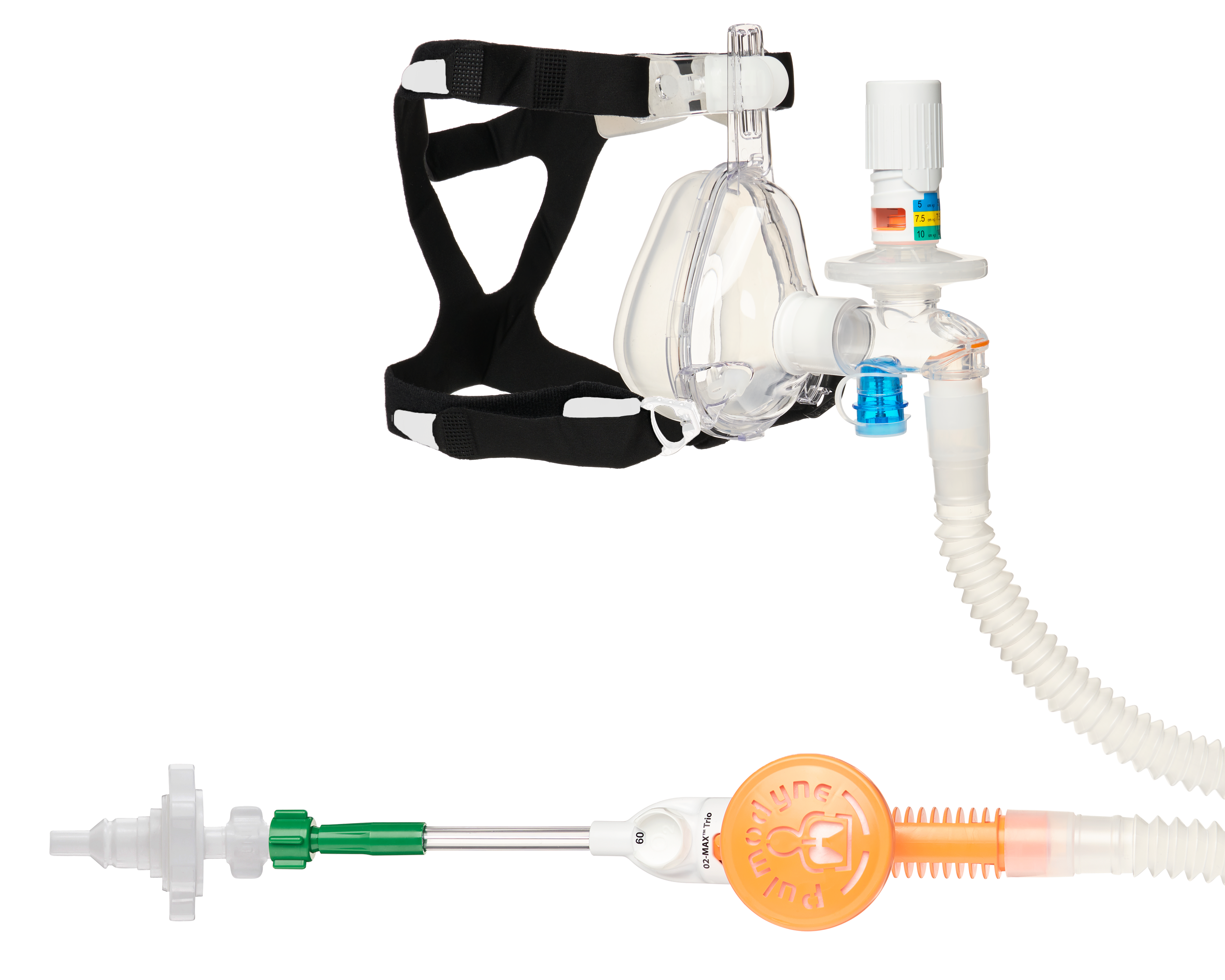 Sistema O2-MAX™ Trio con tubo estensibile, valvola PEEP regolabile 3-SET™, attacco UNI Quik-Connect™ e maschera oronasale Adulto Medium