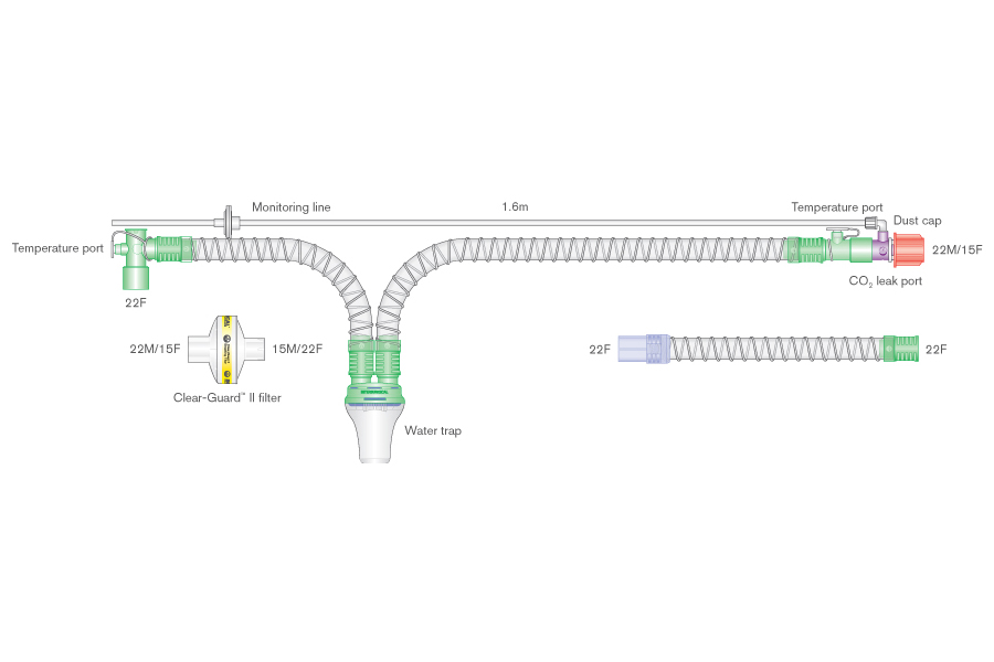 Circuito per ventilazione Smoothbore da 22mm con raccordo girevole al paziente 22M/15F, ampolla raccogli condensa, linea di monitoraggio, filtro, spezzone da 0.6m, ≥ 1.6m