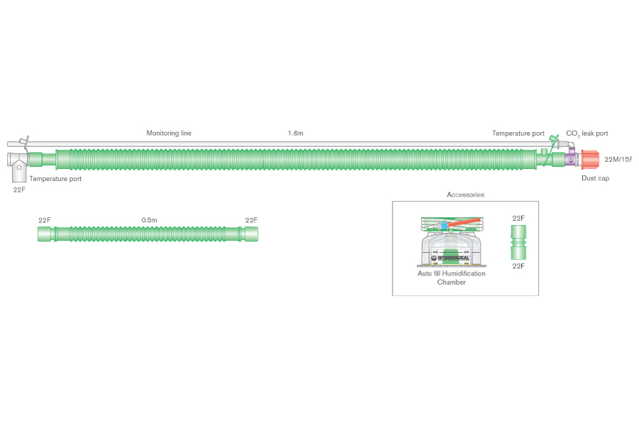 Circuito Flextube 30mm per ventilazione bilevel, linea riscaldata,con porta scarico CO2 con connettore girevole, linea di monitoraggio, camera di umidif. autolivellante, spezzone, ≥1.6m
