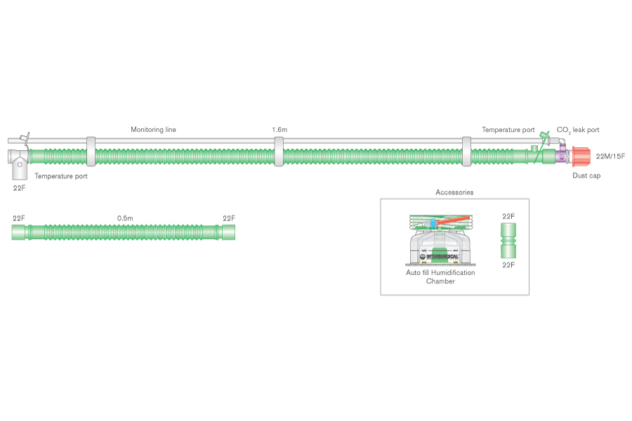 Circuito Flextube da 22mm per ventilazione bilevel a linea riscaldata con porta scarico CO2 con connettore girevole, linea di monitoraggio, camera di umidif. autolivellante e spezzone, ≥1.6m