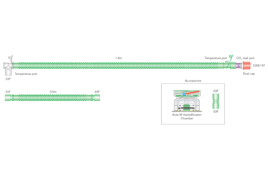 Circuito Flextube da 22mm per ventilazione bilevel, Pediatrico, linea riscaldata, connettore girevole, porta scarico CO2, camera di umidif. autolivellante, spezzone da 0.5m, lungh. 1.6m