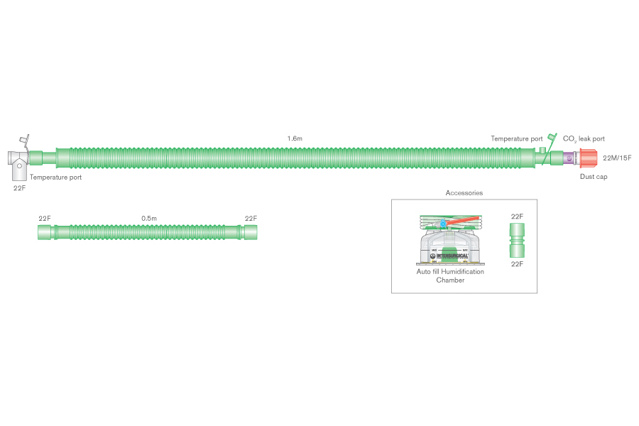 Circuito Flextube da 30mm per ventilazione bilevel, linea riscaldata, con porta scarico CO2 con connettore girevole, camera di umidif. autolivellante e spezzone ≥ 1.6m