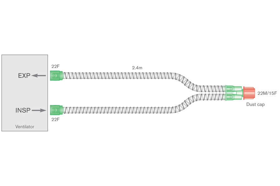 Circuito per ventilazione Smoothbore da 15mm con connettore diritto da 15mm, ≥ 2.4m 