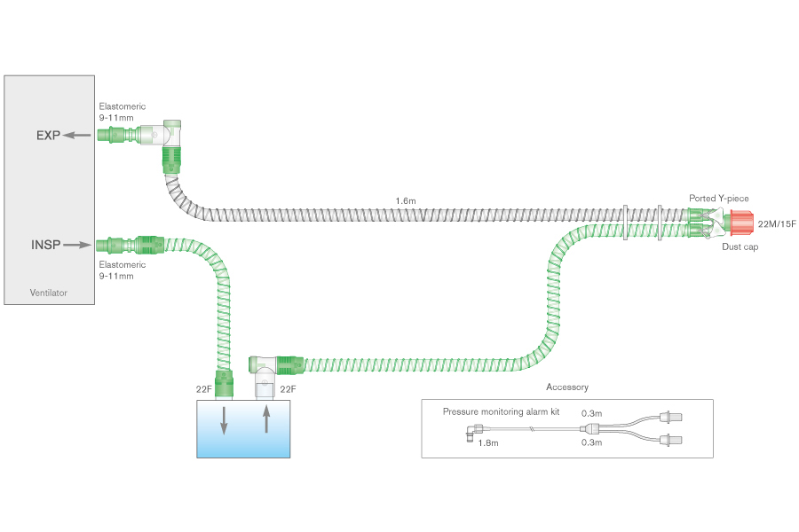 Circuito per ventilazione Smoothbore da 15mm a doppia linea riscaldata, con kit per linea di monitoraggio della pressione, spezzone da 0.5m, ≥ 1.6m
