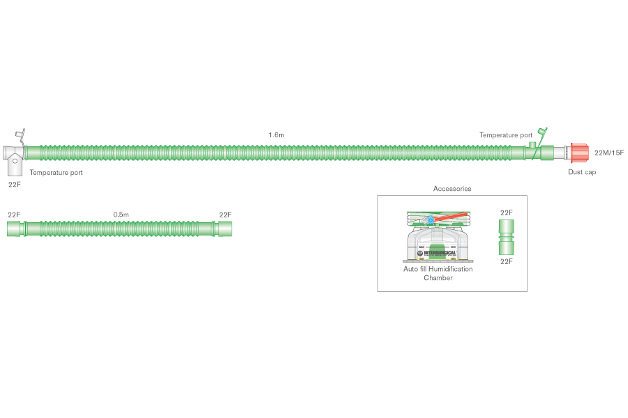 Circuito Flextube da 22mm con linea riscaldata per ventilazione bilevel con raccordo girevole lato paziente, camera di umidif. autolivellante e spezzone ≥ 1.6m