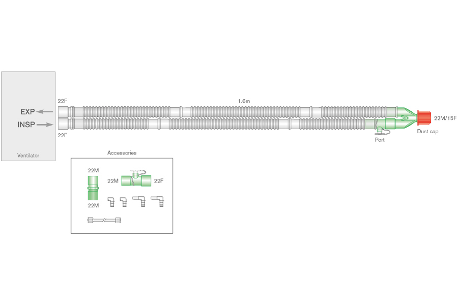 Circuito per ventilazione con adattatore per la somministrazione di Ossido Nitrico, lungh. 1.6m 