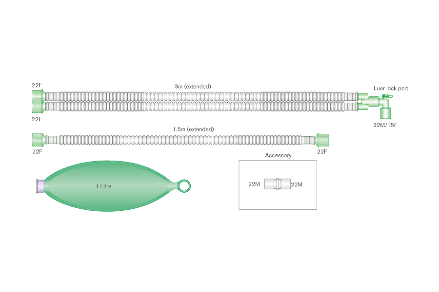 Circuito per ventilazione Pediatrico estensibile Compact da 15mm,con porta luer lock, pallone reservoir da 1L, spezzone da 1.5m, 3m