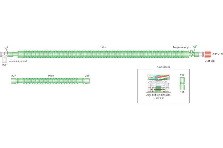 Circuito Flextube da 30mm con linea riscaldata per ventilazione bilevel con raccordo girevole alto paziente, camera di umidif. autolivellante e spezzone ≥ 1.6m