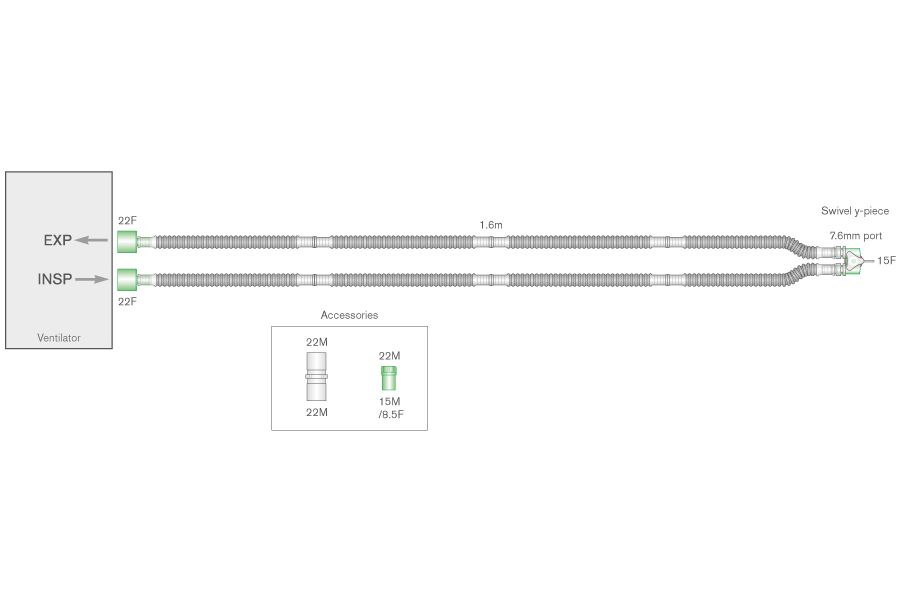 Circuito per ventilazione per trasporto Flextube da 10mm con connettori 22F lato macchina per ventilatori babyPAC®, lungh. 1.6m