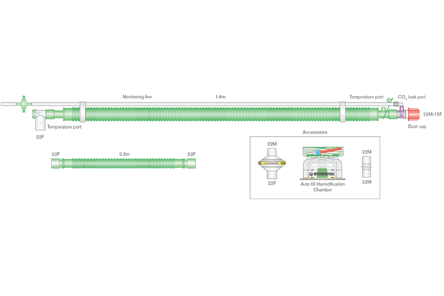 Circuito Flextube da 30mm per ventilazione bilevel, linea riscaldata, connettore girevole, porta scarico CO2, linea di monitoraggio, camera umidif. autolivellante, spezzone da 0.5m, lungh. 1.8m