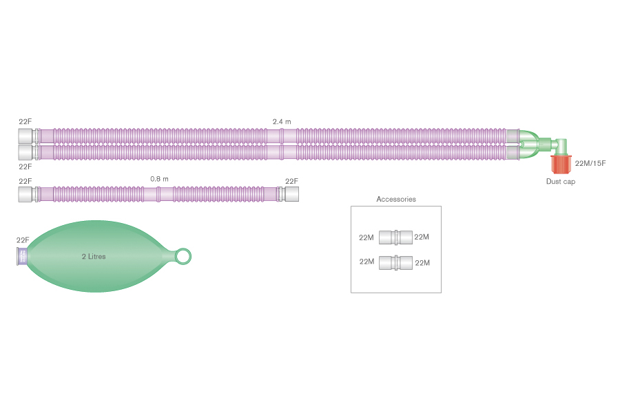 Circuito per ventilazione Flextube da 22mm anti-microbico Silver Knight™, con pallone 2 litri, spezzone 0.8m, ≥ 2.4m  
