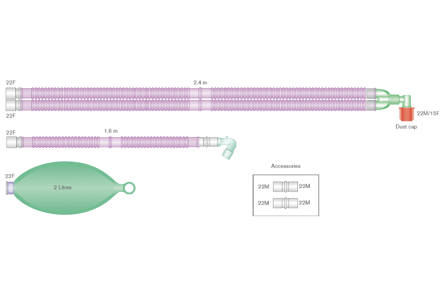 Circuito per ventilazione Flextube da 22mm anti-microbico Silver Knight per Aisys®, Avance®, Aespire® Carestations® con raccordo angolare fisso, pallone reservoir 2L, spezzone 1.6m, lungh. 2.4m