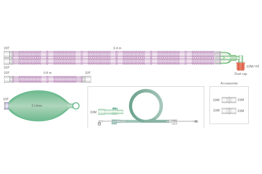 Circuito Flextube™ 22mm anti-microbico Silver Knight™ per Aisys®, Avance® ed Aespire® Carestations® con raccordo angolare fisso, pallone reservoir 2L, spezzone da 0.8m, set per spirometria, lungh 2.4m
