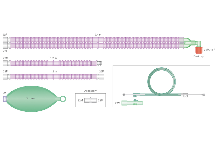 Circuito Flextube™ 22mm anti-microbico Silver Knight™ per ADU Carestation® con raccordo angolare fisso, pallone reservoir 2L, 2 spezzoni da 1.2m, set per spirometria, lungh. 2.4m