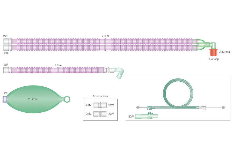 Circuito Flextube™ 22mm anti-microbico Silver Knight™ per Aisys®, Avance® ed Aespire® Carestations® con raccordo angolare fisso, pallone reservoir 2L, spezzone da 1.6m, set per spirometria, lungh.2.4m