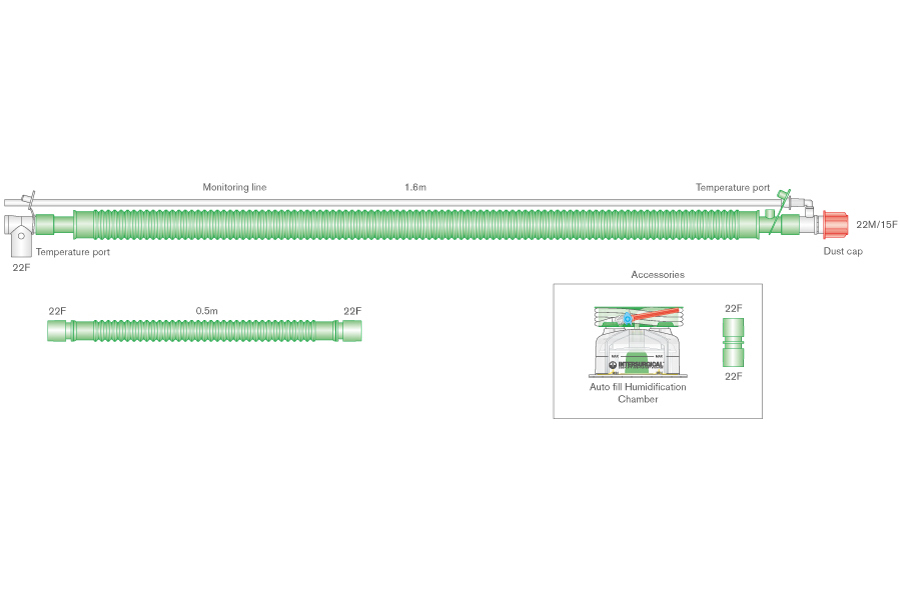 Circuito Flextube da 30mm con linea riscaldata per ventilazione bilevel con raccordo girevole lato paziente, linea di monitoraggio, camera di umidif. autolivellante e spezzone ≥ 1.6m