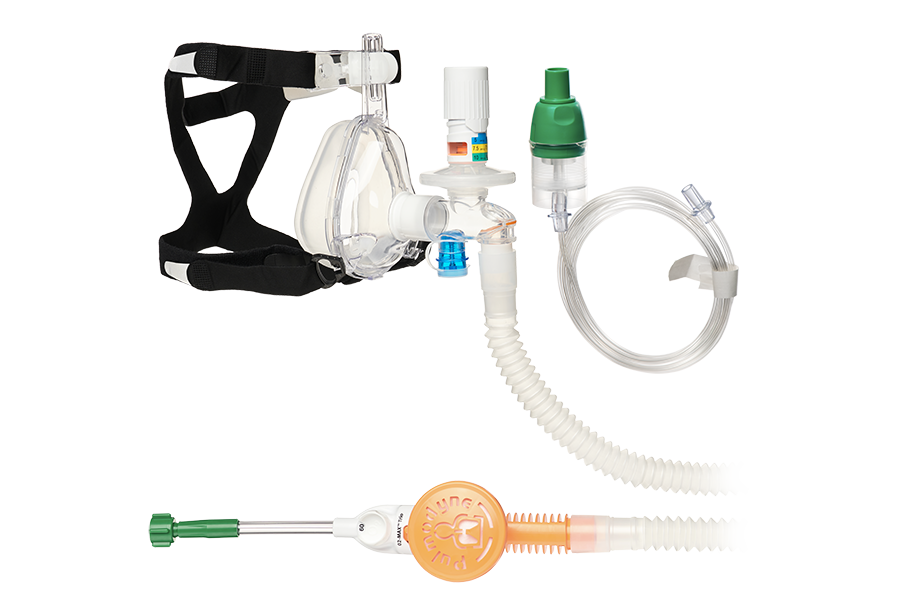 Sistema O2-MAX™ Trio con tubo estensibile, valvola PEEP regolabile 3-SET™, attacco AFNOR Quik-Connect™ e maschera oronasale Adulto Large