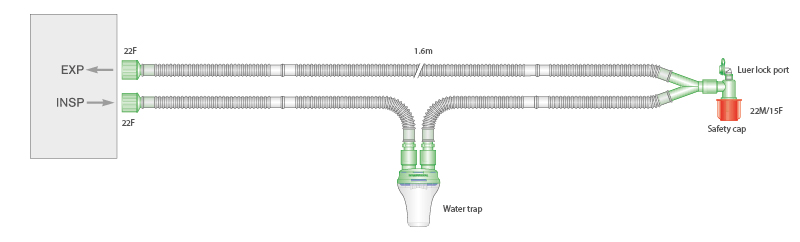 Circuito per ventilazione Pediatrico Flextube da15mm, con porta luer lock e raccogli-condensa, 1.6m