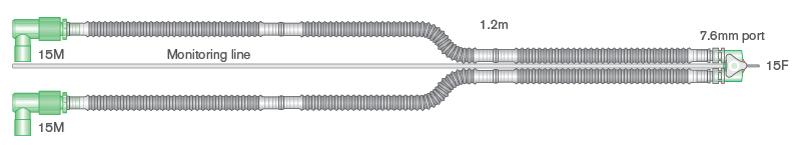 Circuito per ventilazione Flextube™ da 10mm per ventilatori fabian da trasporto, con raccordo a Y girevole e linea di monitoraggio, 1.2m