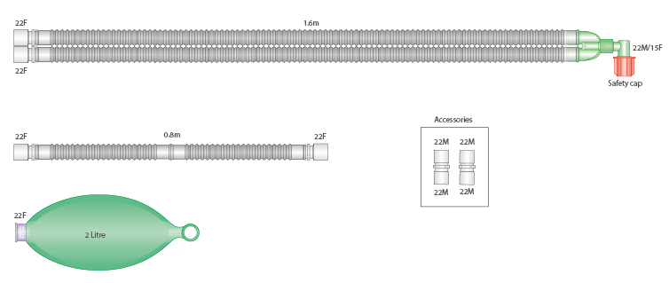 Circuito per ventilazione Flextube™ da 22mm con pallone da 2L, raccordo angolato e spezzone, ≥ 1.6m sterile